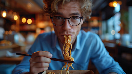 Young man eating noodles with chopsticks. - obrazy, fototapety, plakaty