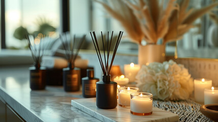 Reed diffusers and candles on table - obrazy, fototapety, plakaty