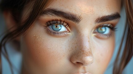 Fototapeta premium A closeup of a woman's face with beautiful blue eyes, wearing natural makeup