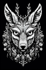  Black and white illustration for coloring animals, fawn.