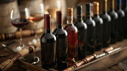 Bottles of wine with a glass - obrazy, fototapety, plakaty