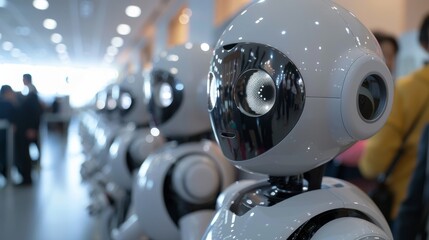 A group of white robots with big black eyes are standing in a row.