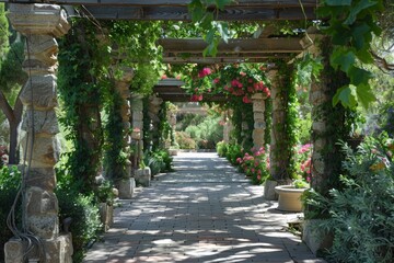 Incorporation of shaded pergolas or arbors draped with vines for a Mediterranean garden's charm. - obrazy, fototapety, plakaty