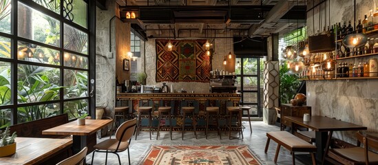 Handwoven textiles and lace add a touch of local heritage to cafe interiors.