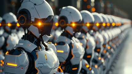 Fototapeta premium An army of robots with glowing orange eyes is lined up in formation