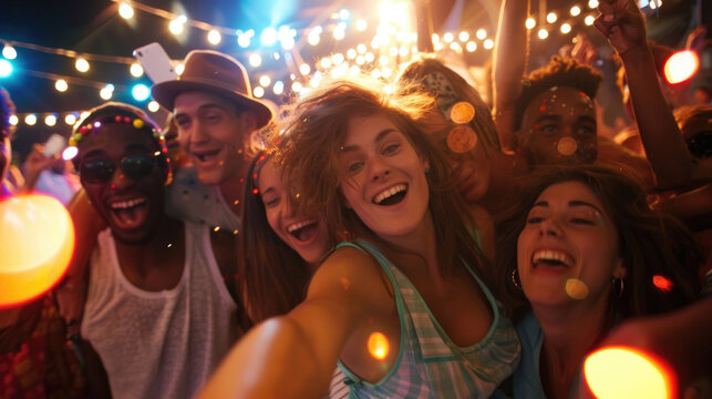 A joyful crowd of friends takes a selfie with lit-up bokeh lights in the background, capturing their nighttime celebration