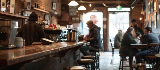 Local patrons gather for daily coffee rituals, sipping espresso and engaging in lively conversation.  - obrazy, fototapety, plakaty