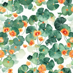 Fototapeta premium Vibrant Nasturtium Pattern: Green Leaves and Orange Flowers