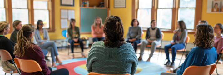 A circle of people seated on chairs in a warm, brightly lit room, engaging in a group therapy session