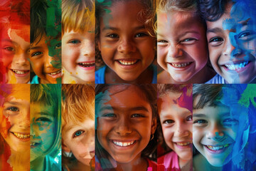 A group of children with diverse backgrounds and different skin colors, all smiling and having fun together