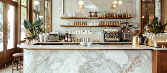 Marble countertops and brass fixtures reflect the elegance of Mediterranean barista cafes. 