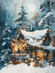 Cozy Owl Gathering in a Whimsical North Pole Workshop Amidst Snowy Evergreens and Twinkling Lights