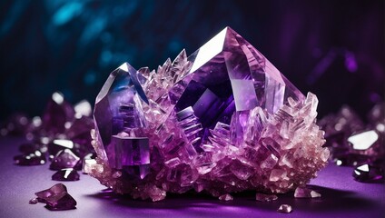 A stunning amethyst crystal cluster shines against a dramatic purple background, highlighting its beauty and structure