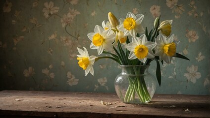 A still life arrangement of bright yellow daffodils in a transparent vase against a floral wallpaper backdrop