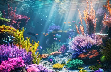 Fototapeta na wymiar Luminous Coral Reef Ecosystem for Educational Content and Environmental Graphics
