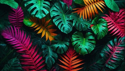 A lush display of tropical leaves in a close-up, showcasing vibrant shades of green, pink, and yellow in a dense foliage pattern