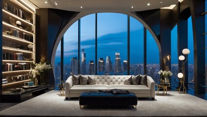 An opulent and well-appointed penthouse living area boasting a panoramic cityscape through floor-to-ceiling windows - obrazy, fototapety, plakaty