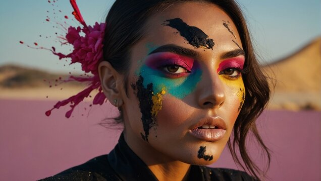 A woman with dynamic, colorful makeup and a paint splash effect across her face, evoking art and creativity
