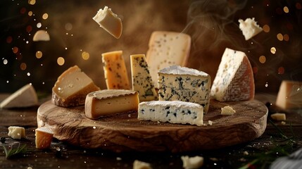 A rustic wooden platter filled with a selection of fine cheeses, from creamy Brie to pungent blue, highlighted by a warm, inviting glow - obrazy, fototapety, plakaty