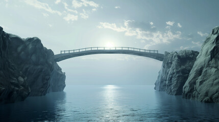 The bridge connects two high cliffs above the sea. Without people. Copy space. Monochrome. Concept...