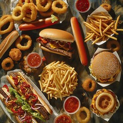 photo fast food, Pizza, burger, hot dog, corn dog, shawarma, sandwich, taco, fries, onion rings, nuggets, food 