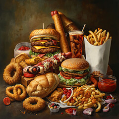 photo fast food, Pizza, burger, hot dog, corn dog, shawarma, sandwich, taco, fries, onion rings, nuggets, food 