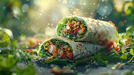 A vegan wrap with a burst of colorful ingredients unwrapping slowly, offering a tantalizing glimpse into plant-based delights - obrazy, fototapety, plakaty