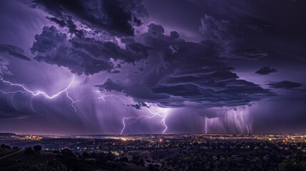 Fototapeta na wymiar The dramatic interplay of light and shadow as a series of purple lightning strikes create a spectacular show over a sleeping city.