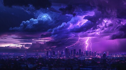 The dramatic interplay of light and shadow as a series of purple lightning strikes create a spectacular show over a sleeping city. - obrazy, fototapety, plakaty