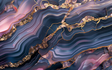 Ripple pattern layers of agate and marble background in gold, pink and blue color.  - obrazy, fototapety, plakaty