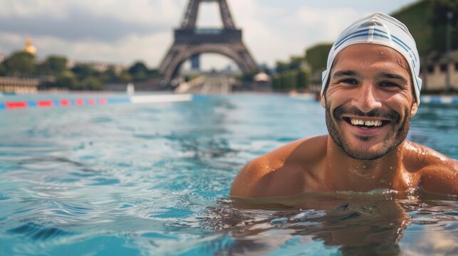 swimming man Portrait of a swimming athlete in an Olympic pool with the Eiffel Tower in the background during the day. olympic games concept