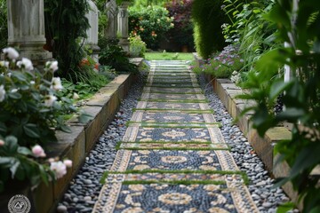 Use of natural stone, gravel, and mosaic tiles for pathways and accents in the garden.