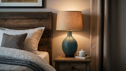 Warm and inviting bedroom featuring a stylish bedside lamp, creating a peaceful and relaxed atmosphere