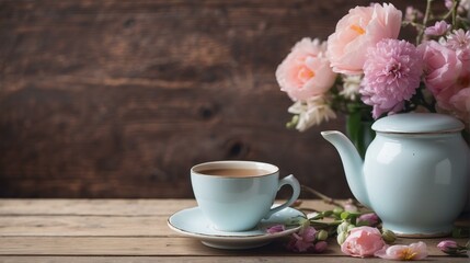 An elegant blue teapot and cup set with fresh pink flowers conveying a feeling of warmth and grace