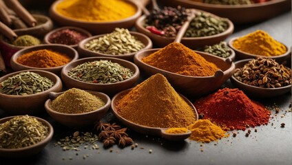 An array of colorful spices in wooden bowls artistically displayed on a dark background, showcasing culinary diversity