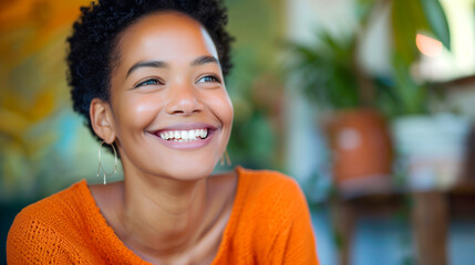 Close up candid shot of beautiful African woman smiling happily while looking above, Young woman laughing wearing orange outfit indoor portrait