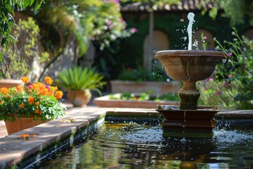Water features like fountains or small ponds reflecting the tranquility of Mediterranean gardens in...