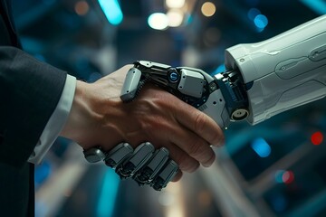 Futuristic Robot Hand Shaking Hands with Businessperson in High-Tech Office - obrazy, fototapety, plakaty