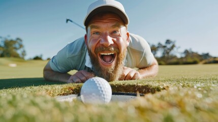 The joyful moment of a golfer retrieving a successfully holed ball from the cup, the satisfaction of a great shot written on their face.