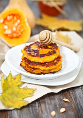 Pumpkin pancakes with honey
