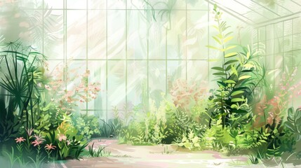 Serene Greenhouse Oasis with Lush Foliage and Warm Sunlight