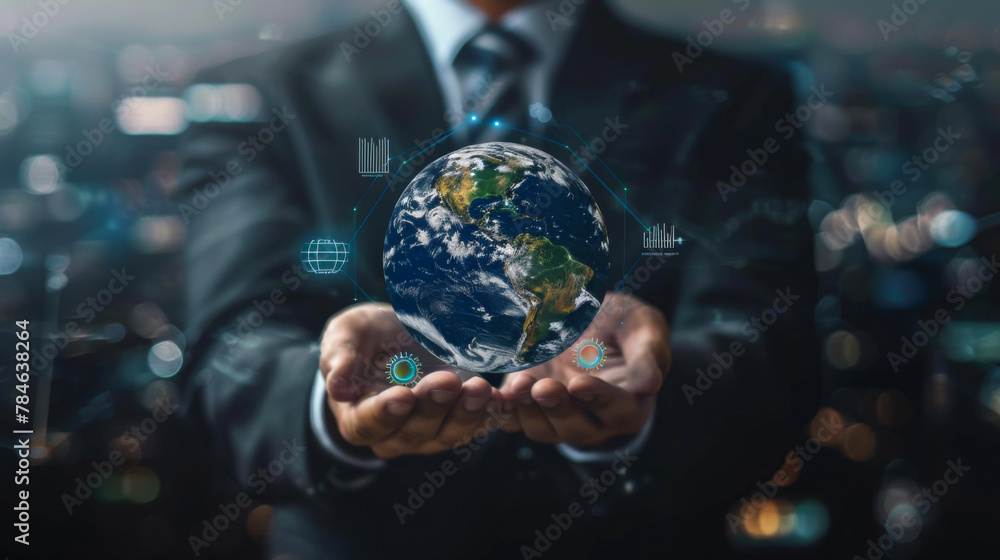 Poster a man is holding a globe in his hand. the globe is surrounded by a lot of numbers and graphs. concep