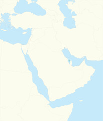 Green detailed blank political map of BAHRAIN with black borders on beige continent background and blue sea surfaces using orthographic projection of the Middle East