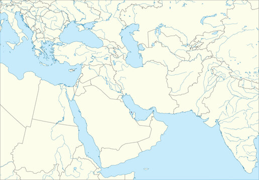Red detailed blank political map of BAHRAIN with black borders on white continent background, blue sea surfaces and rivers using orthographic projection of the Middle East