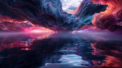 Surreal Twilight Canyon: Reflections on a Tranquil Alien Waterway