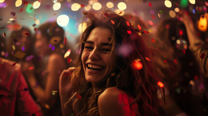 A woman is dancing and smiling in a party with many people around her. The atmosphere is lively and fun