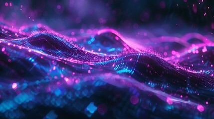 Abstract futuristic background with purple and blue glowing neon moving high speed wave lines and bokeh lights. Visualization of sound waves. Data transfer. Fantastic wallpaper gen by AI - obrazy, fototapety, plakaty