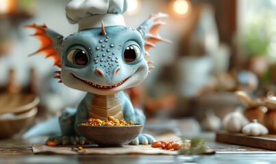 Illustration of a baby dragon preparing food.