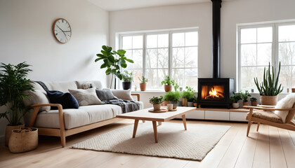 Fototapeta premium Contemporary Living Room with Fireplace and Natural Decor Elements