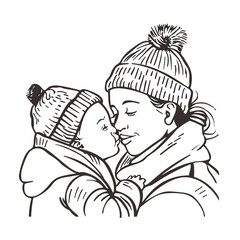A simple line drawing of a mother kissing a baby